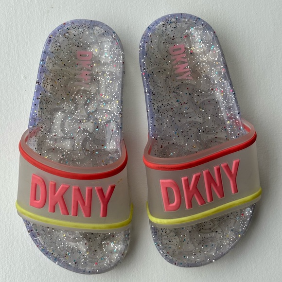 DKNY Clear Glitter Logo Slide Sandal Size 10-11 Toddler - Picture 2 of 6